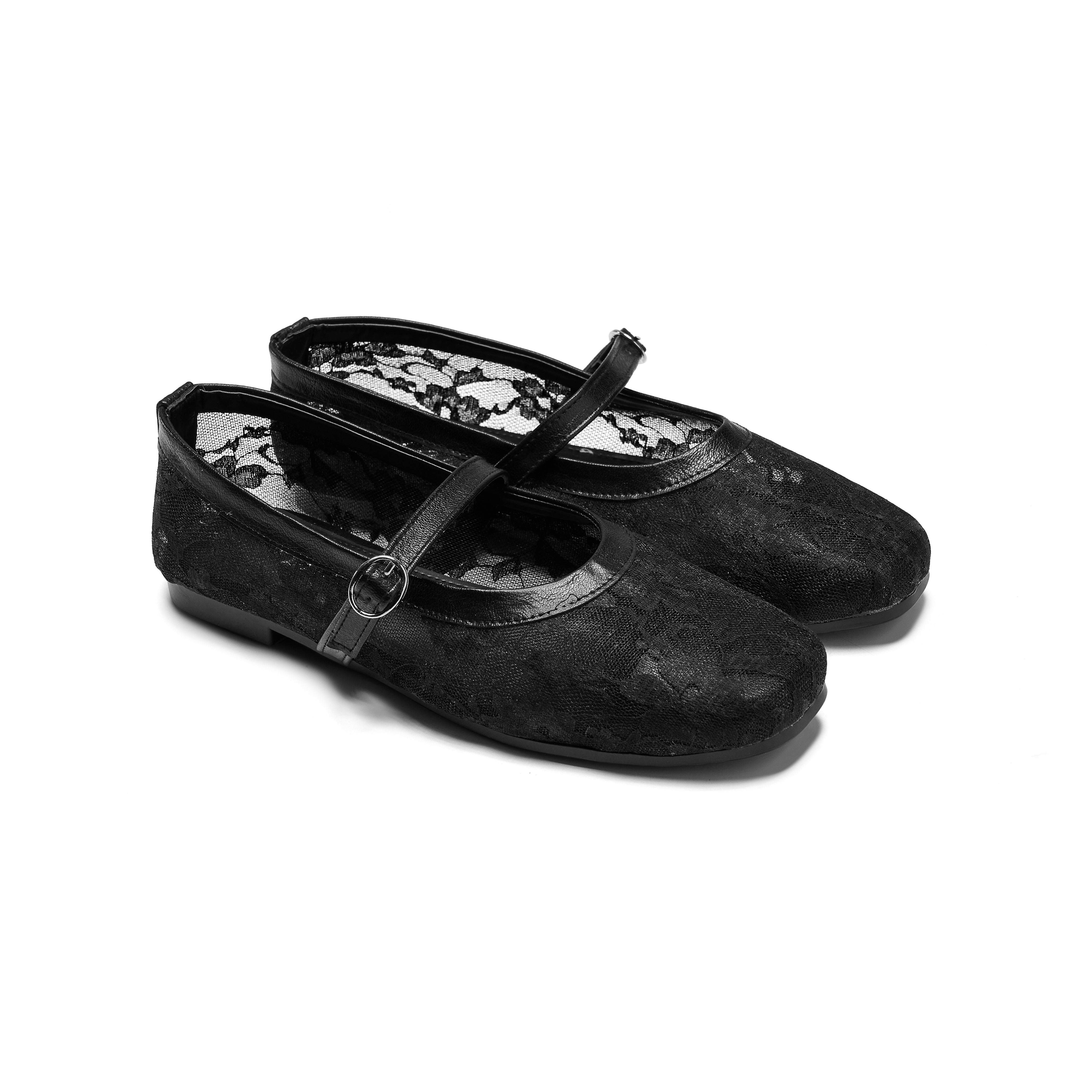 Women Black Fabric Floral Ballerina
