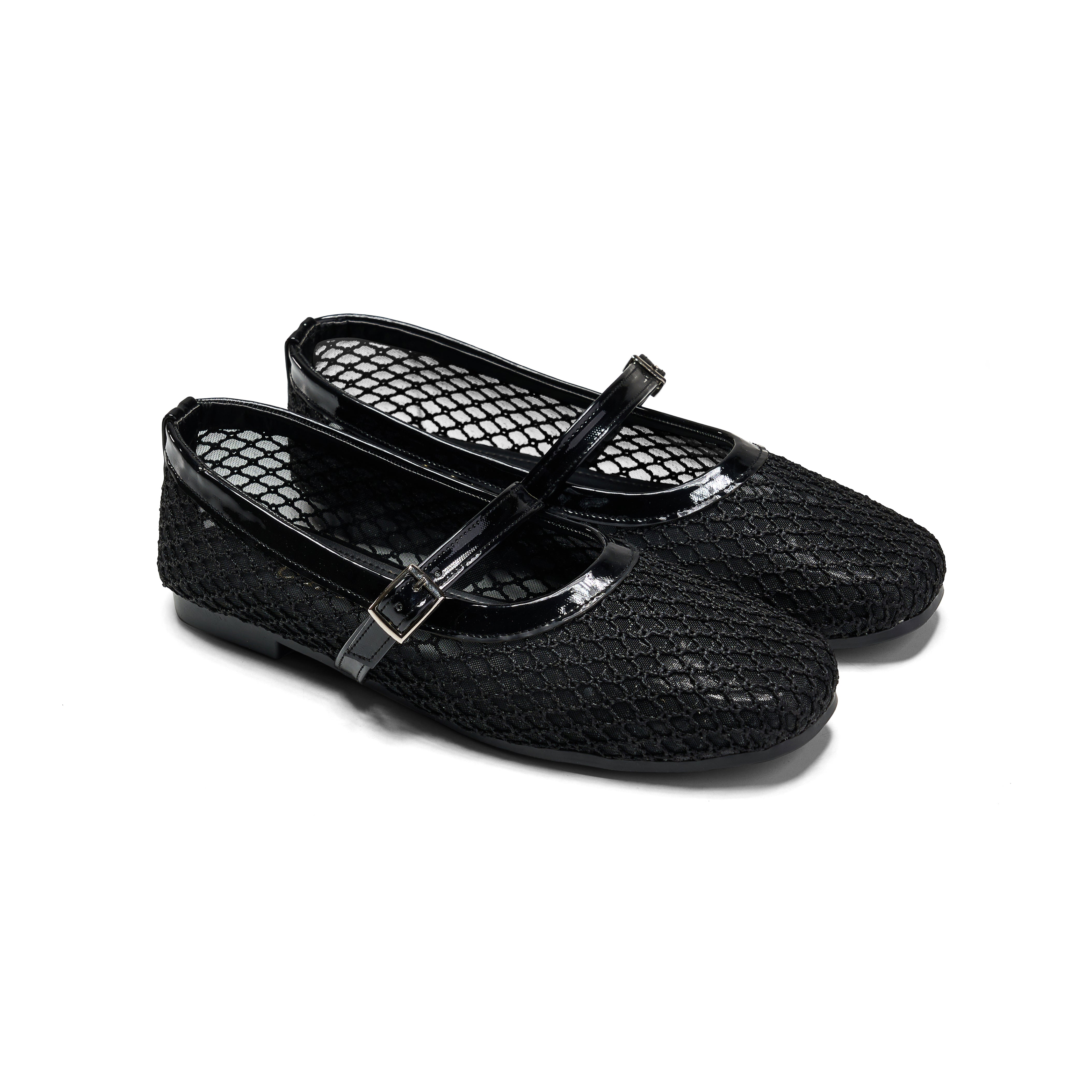 Women Black Fabric Fishnet Ballerina