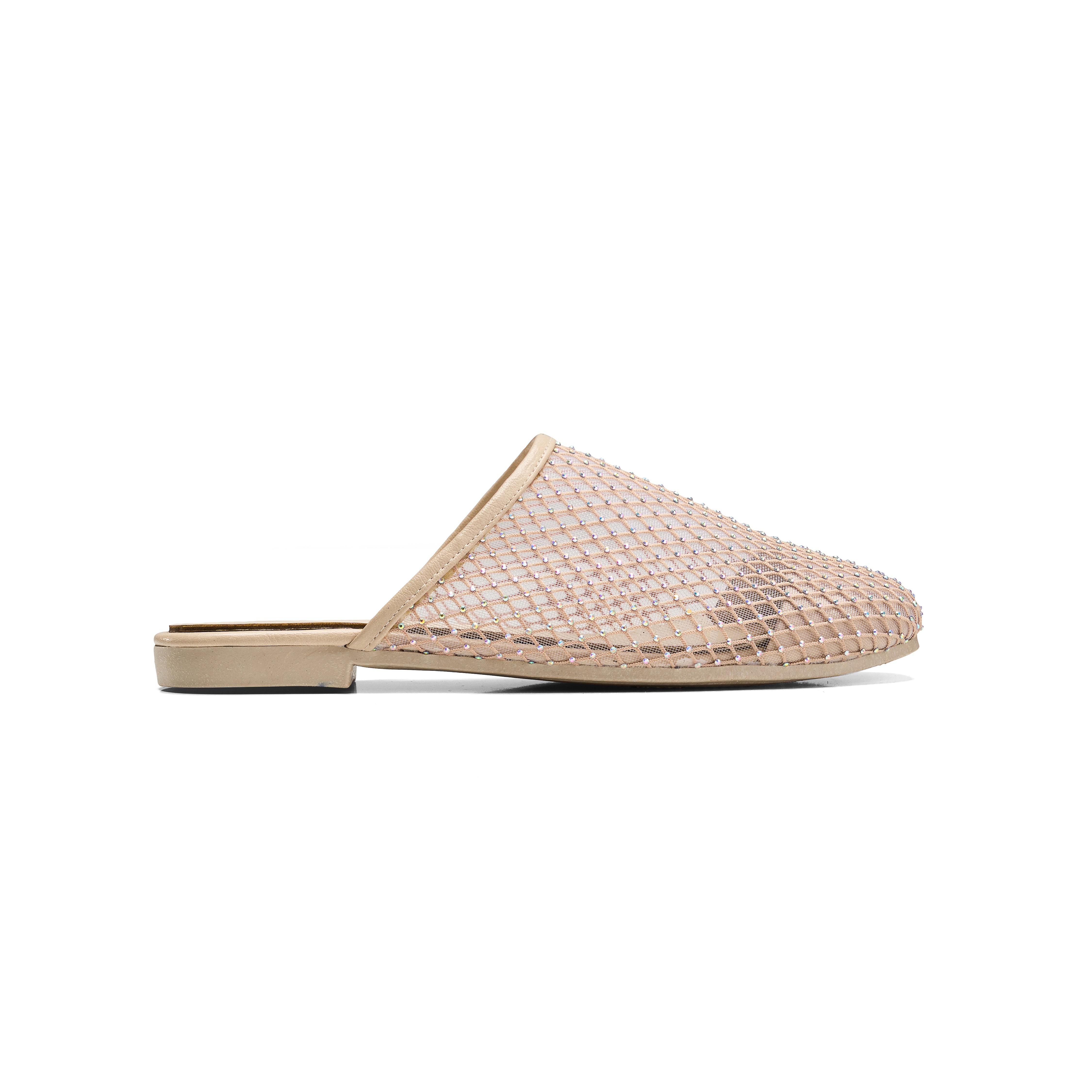 Women Beige Fabric Fishnet Mule