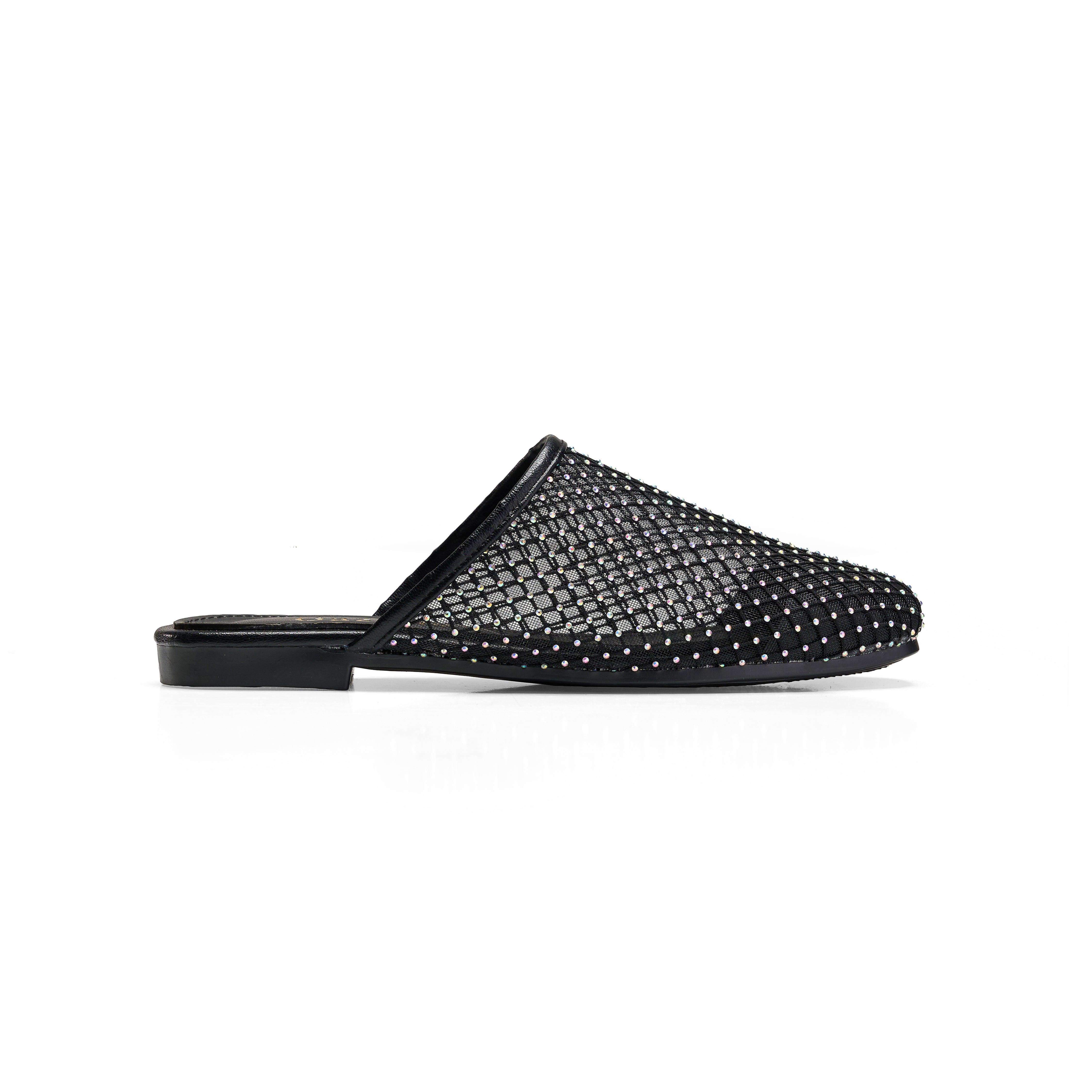 Women Black Fabric Fishnet Mule