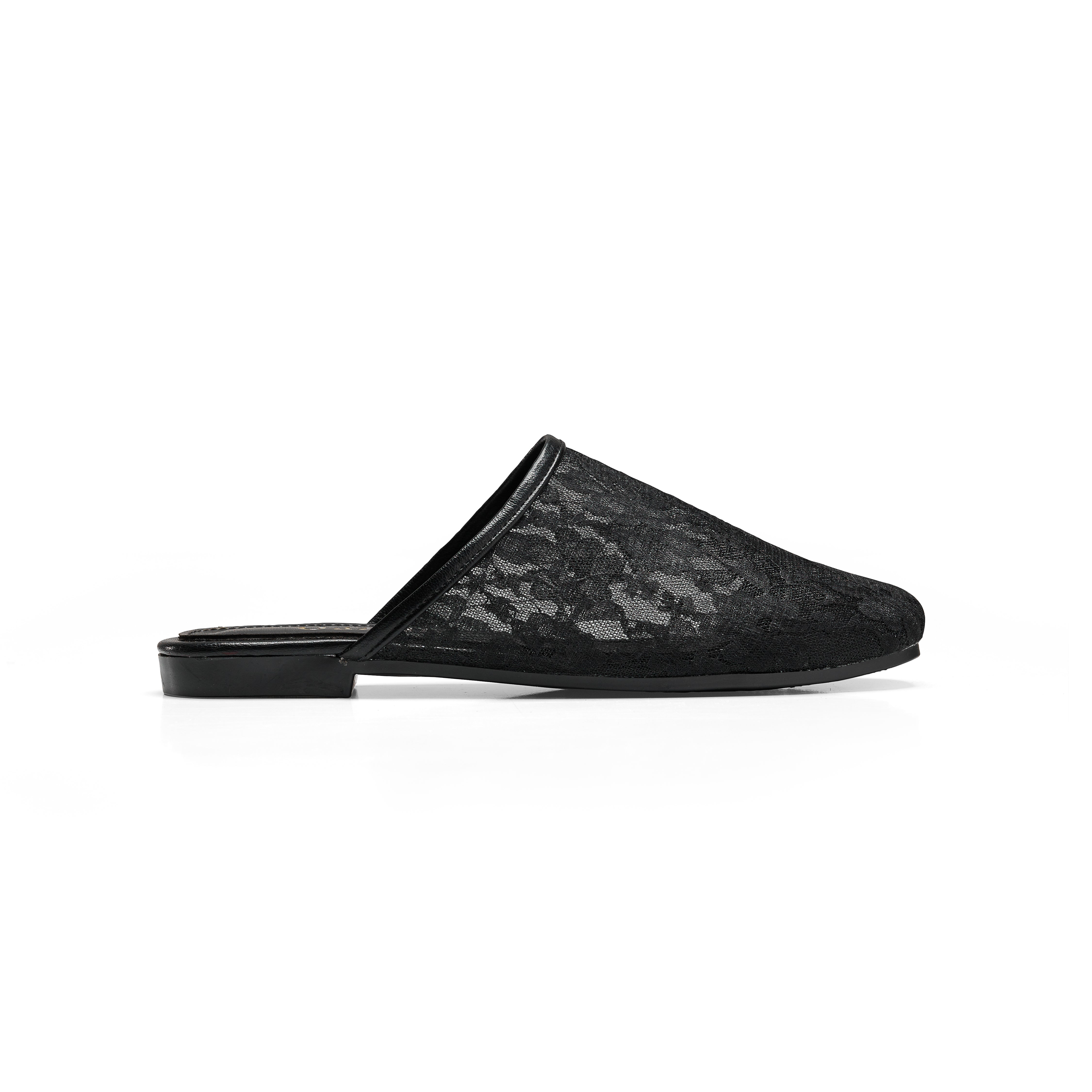 Women Black Fabric Floral Mule