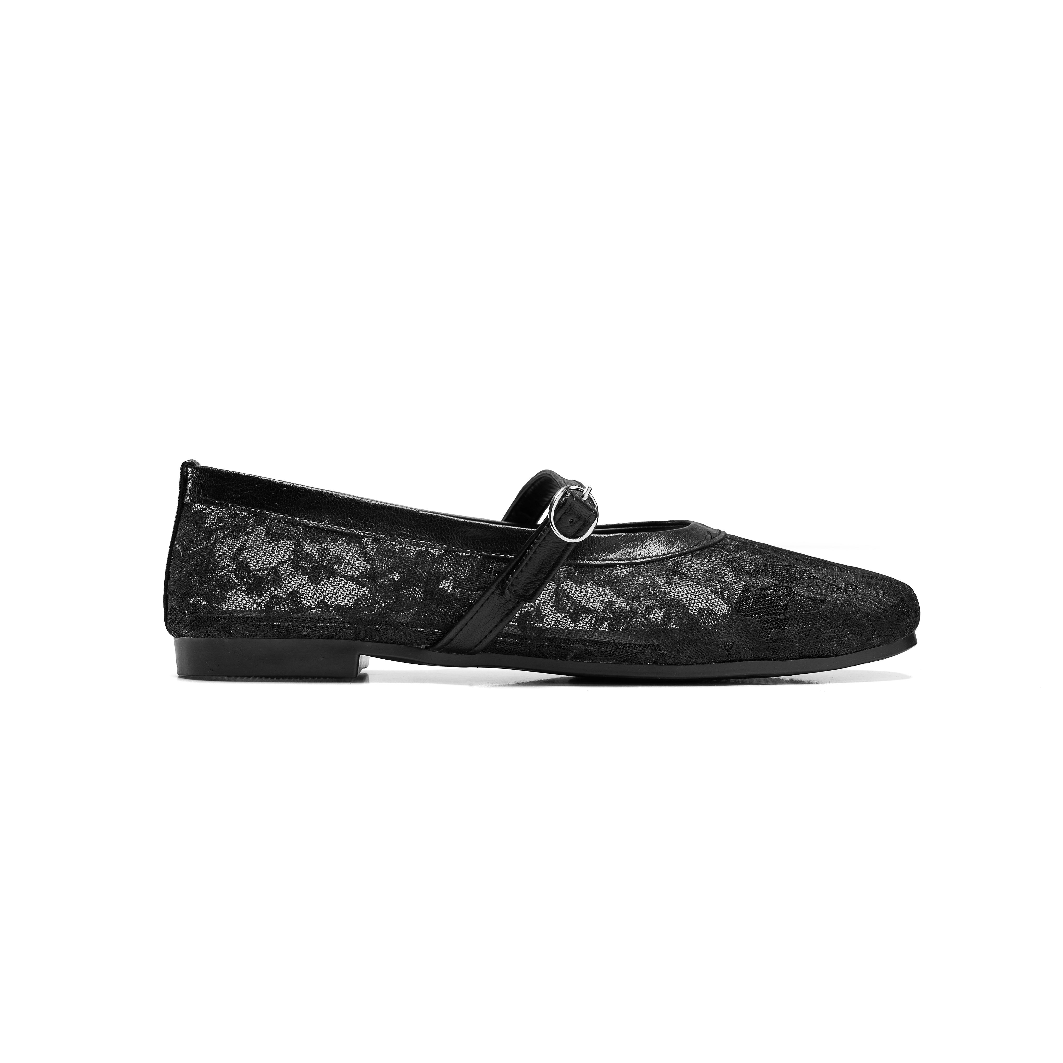 Women Black Fabric Floral Ballerina