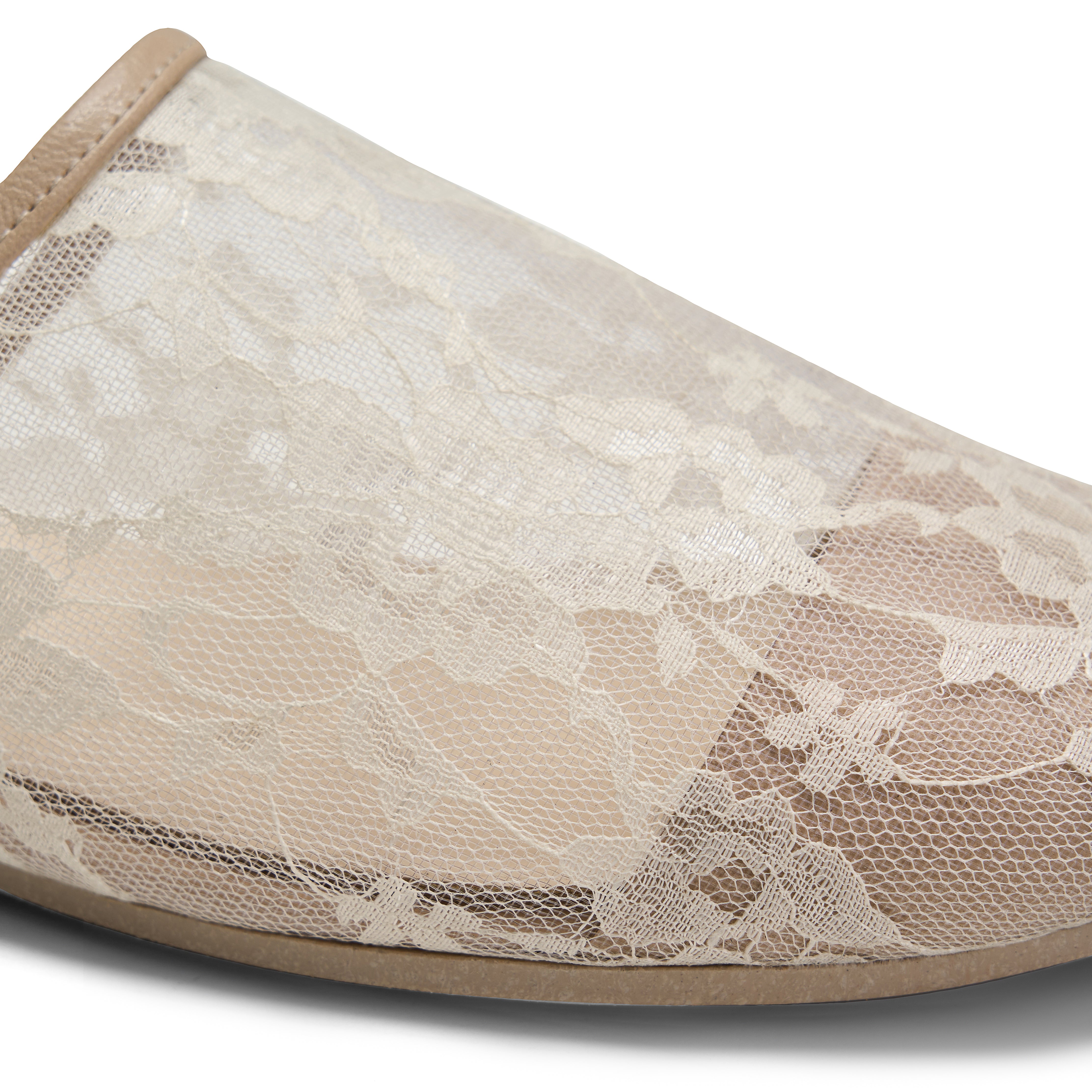 Women Beige Fabric Floral Mule