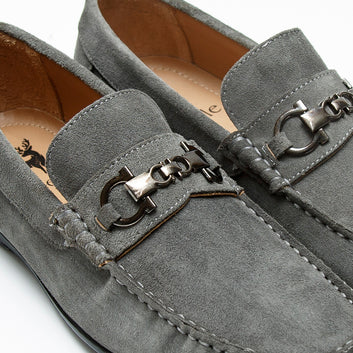 Grey Suede Buckle Moccasin Shoes