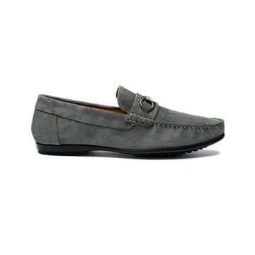 Grey Suede Buckle Moccasin Shoes