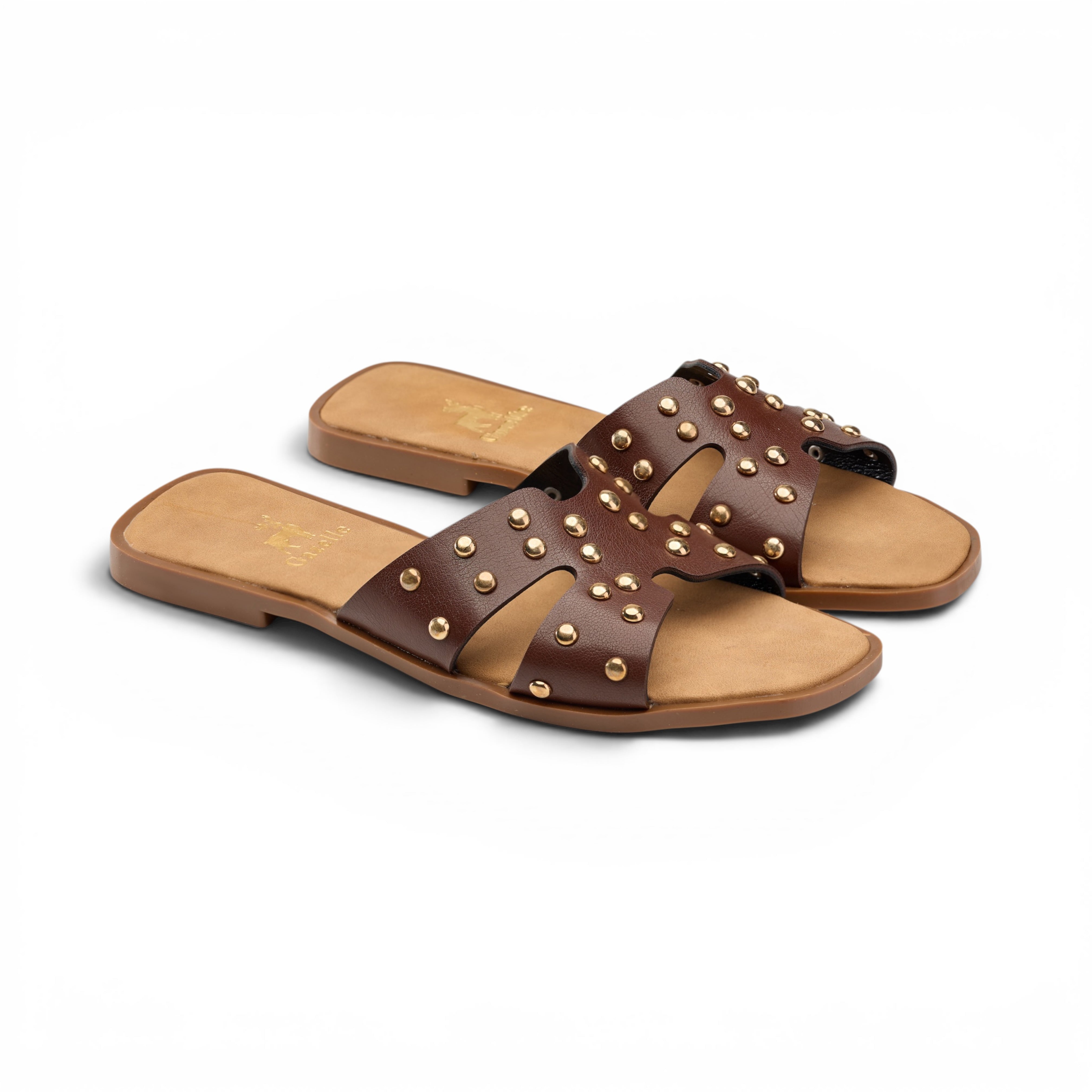 Brown Studded Crossover Flat Slipper