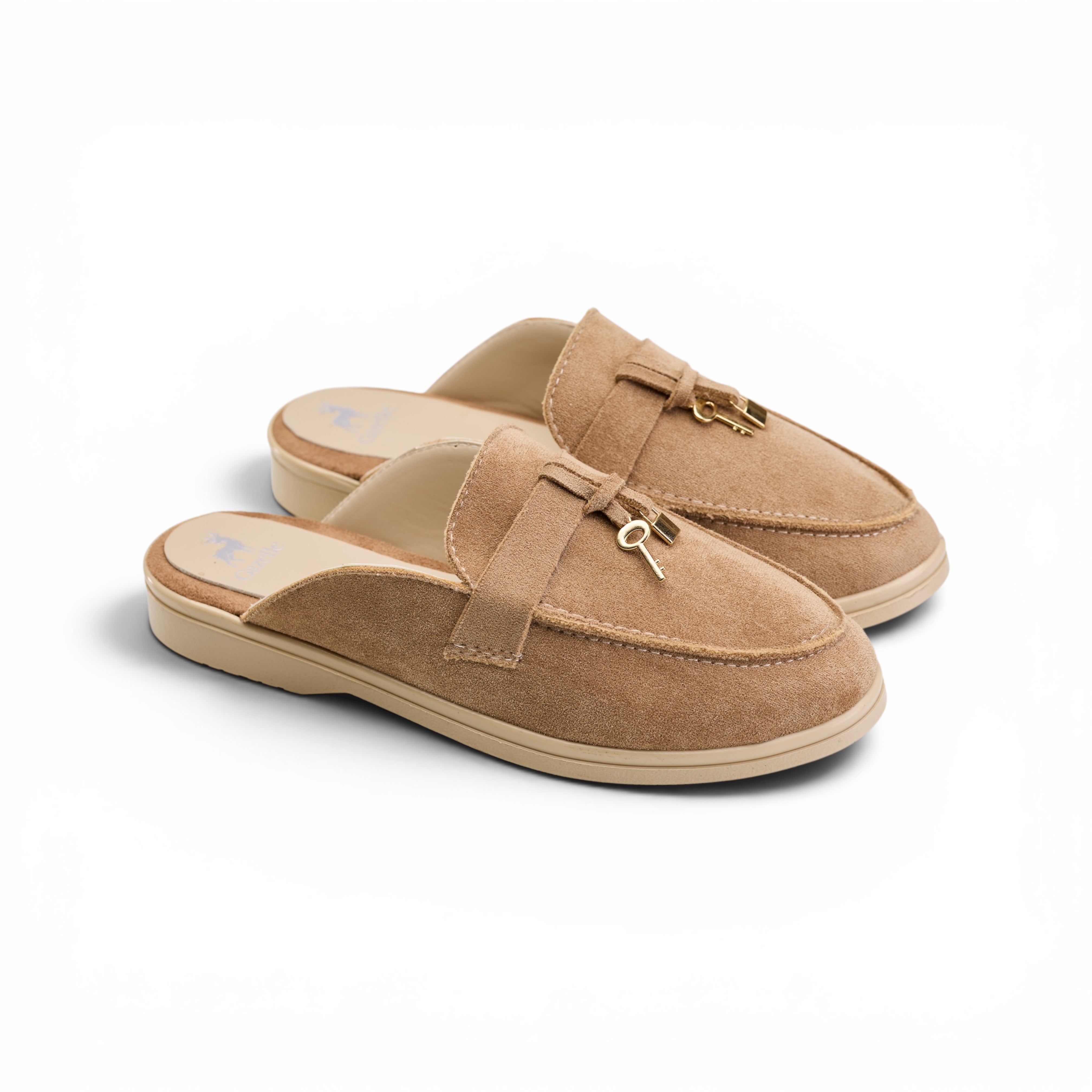 Beige Suede Key Charm Mule Loafers