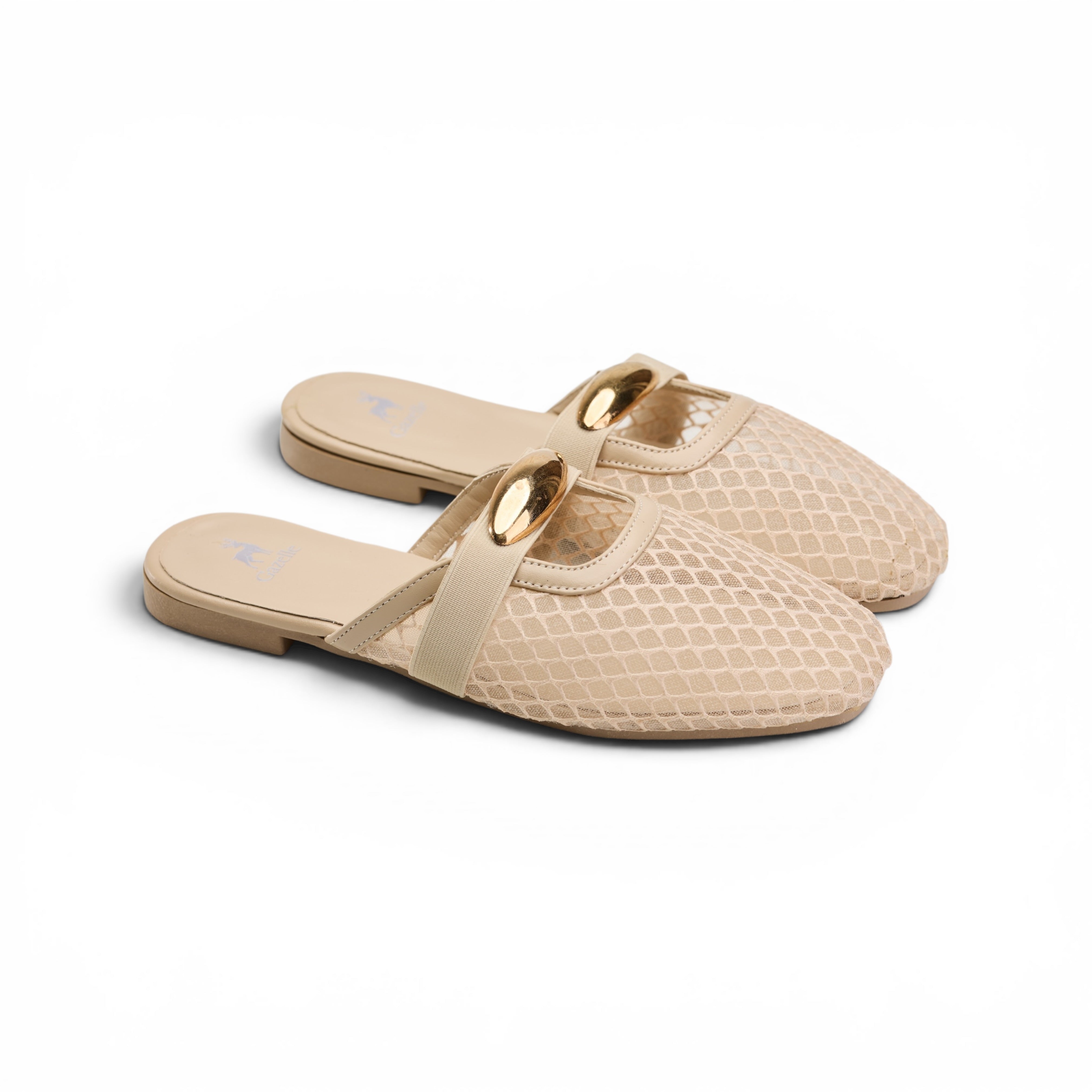 Women Beige Mesh Buckle Mule