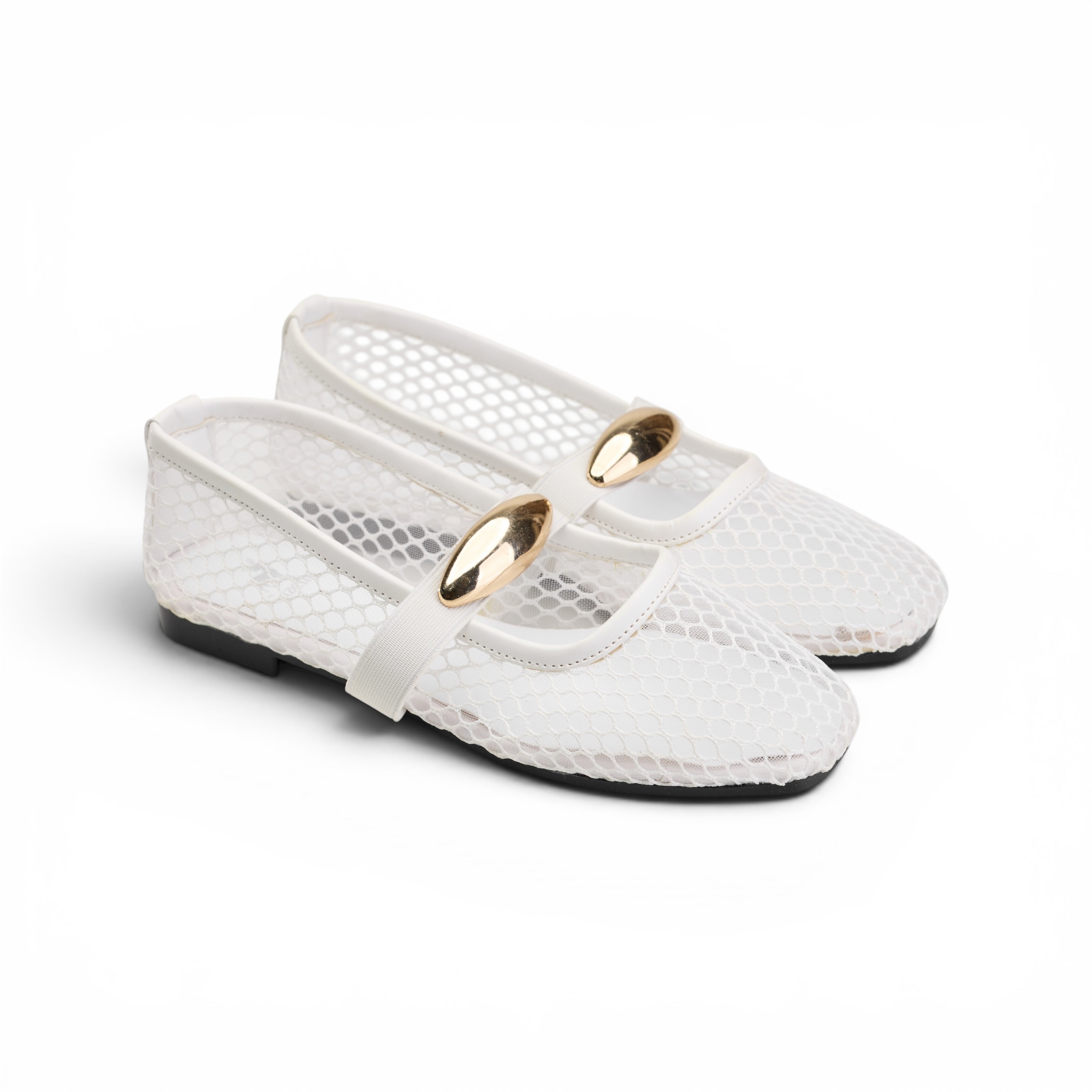 Women White Mesh Buckle Ballerina