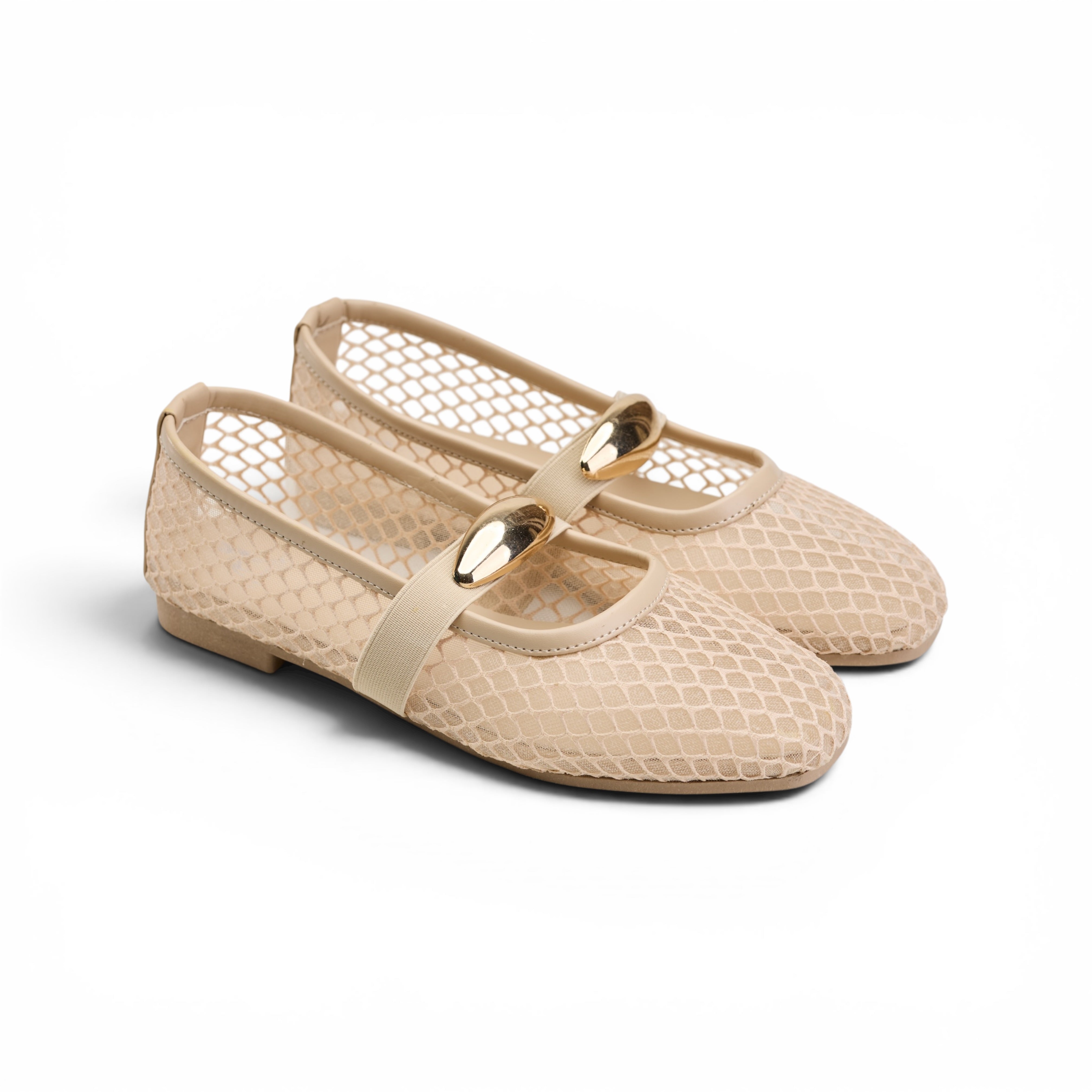 Beige Mesh Buckle Ballerina