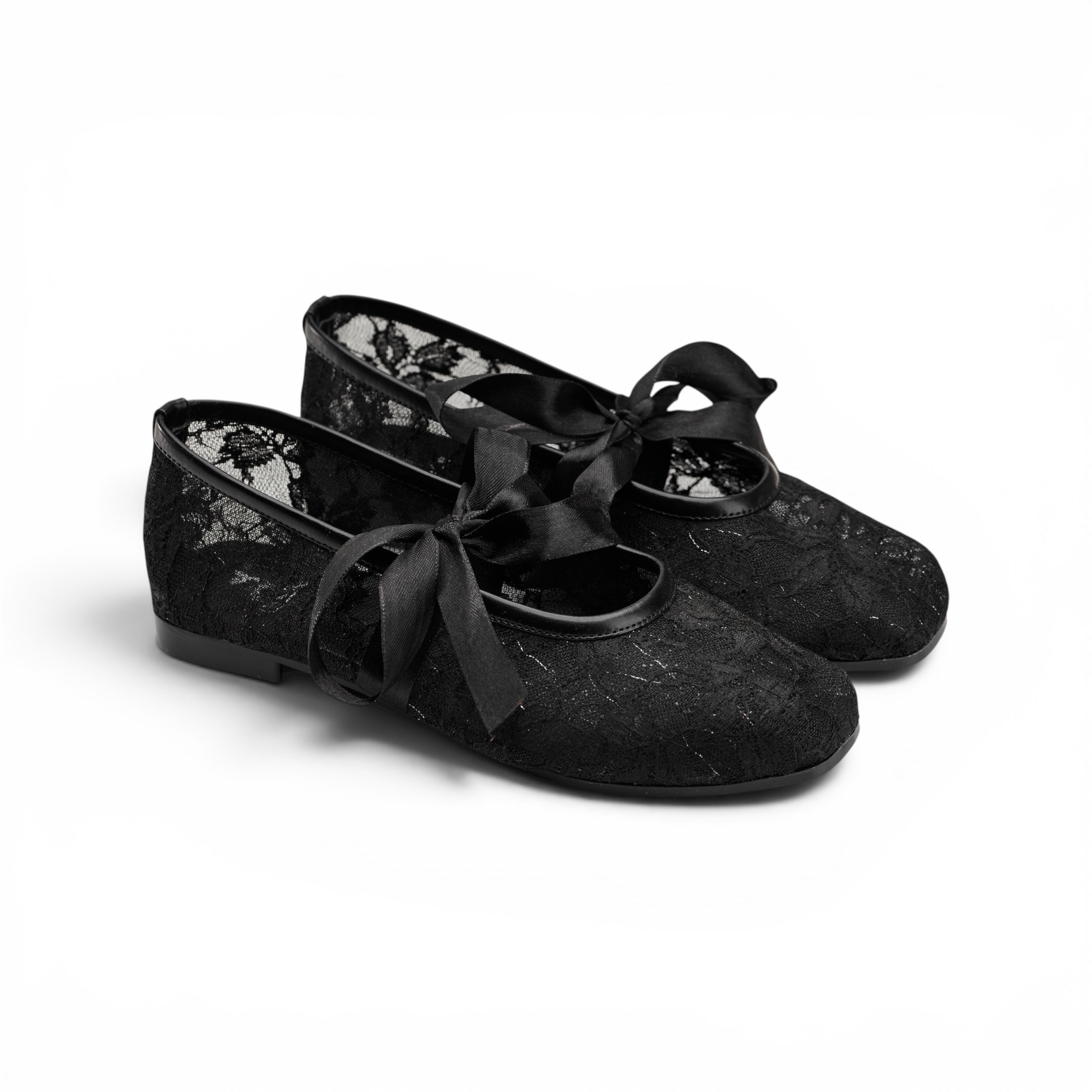Women Black Floral Lace Bow Ballerina