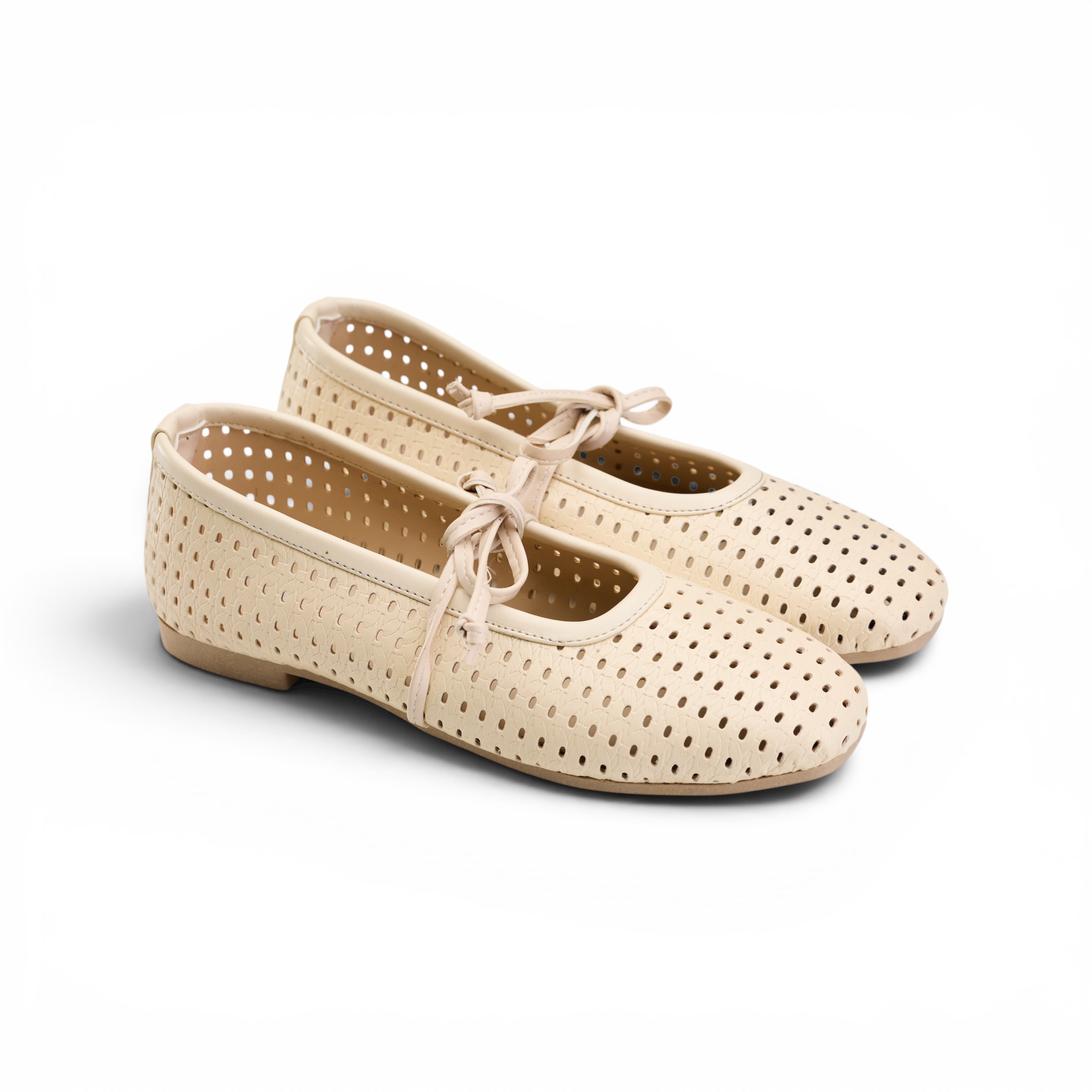 Women Beige Perforated Lace-Up Ballerina