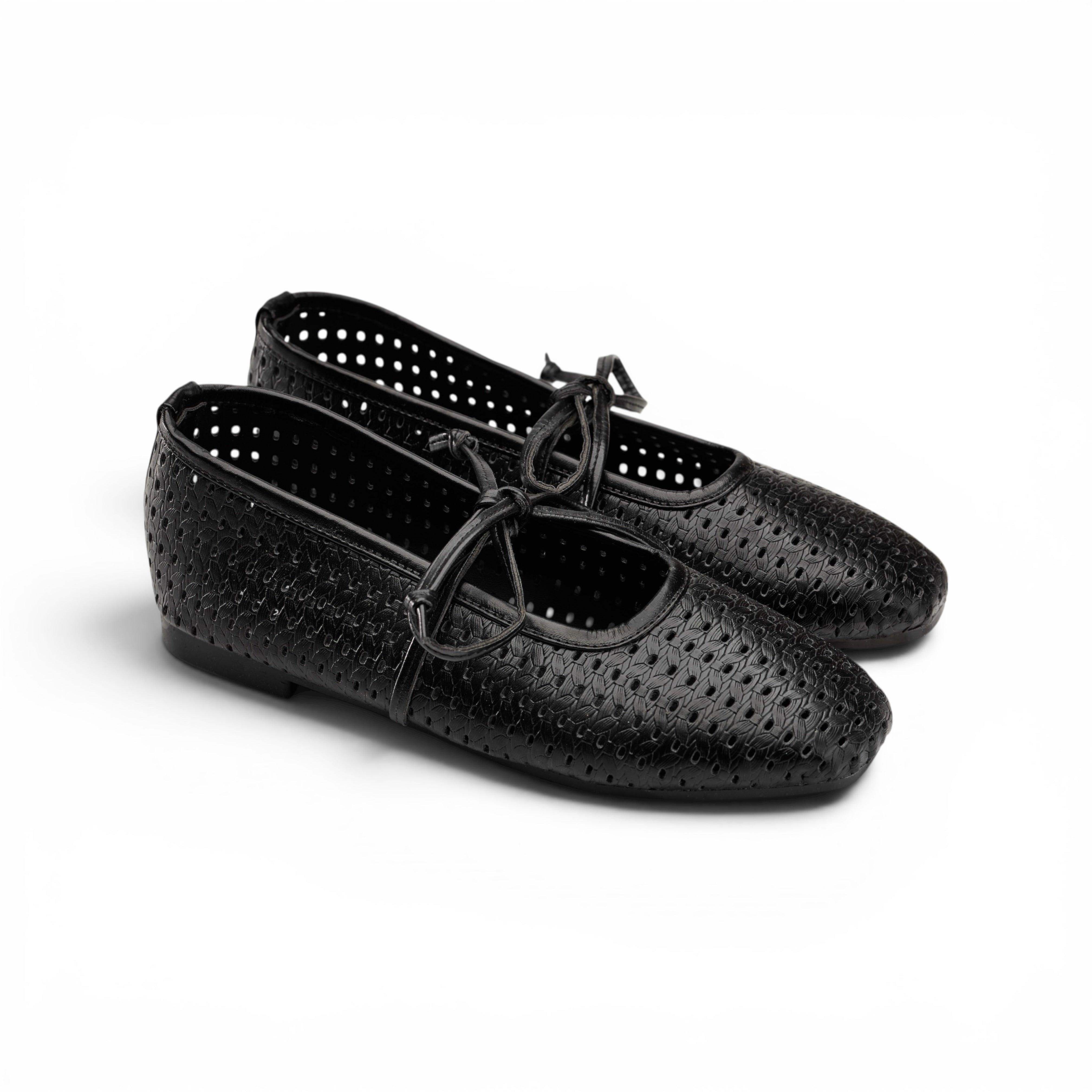 Women Black Perforated Lace-Up Ballerina