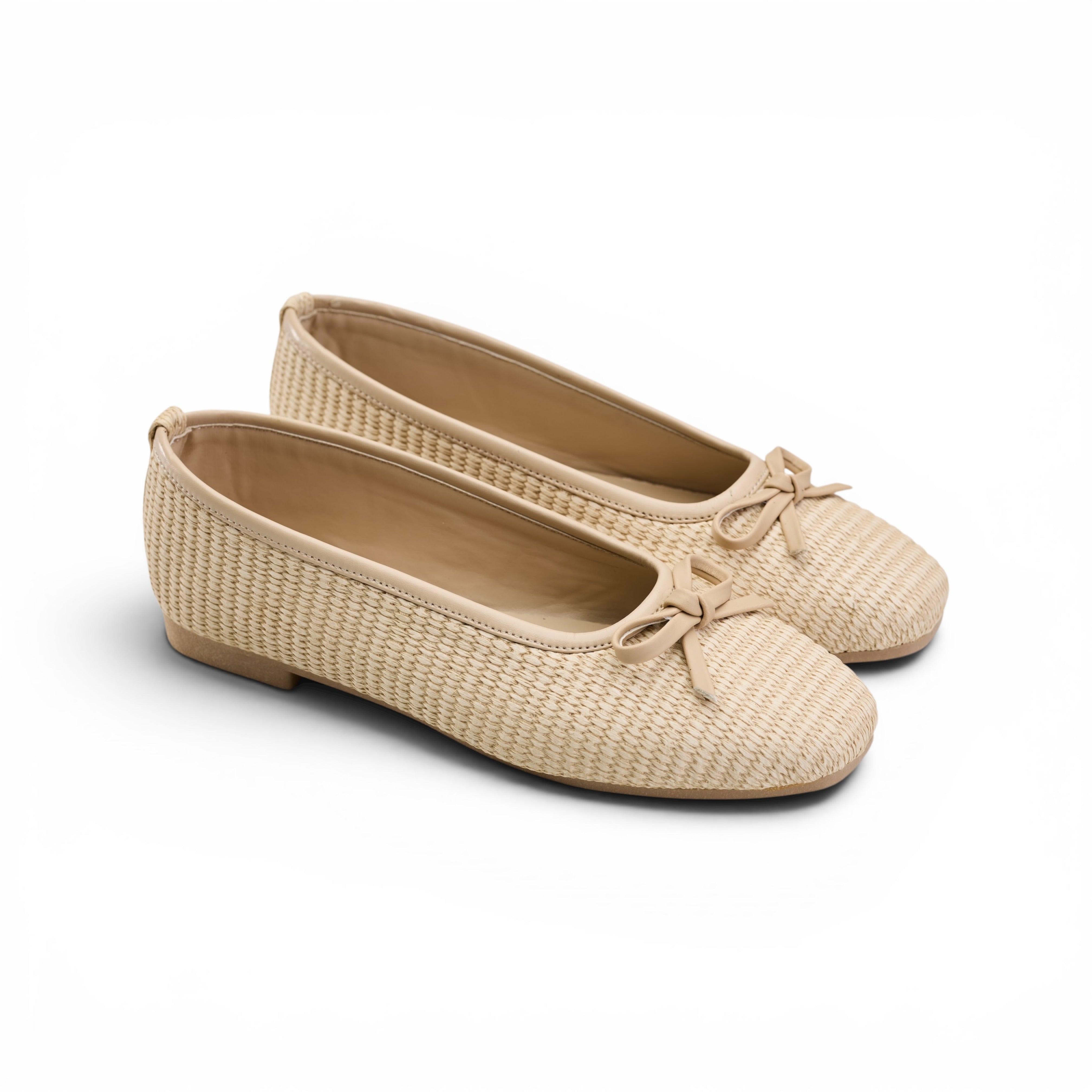 Women Beige Texture Bow Flat Ballet