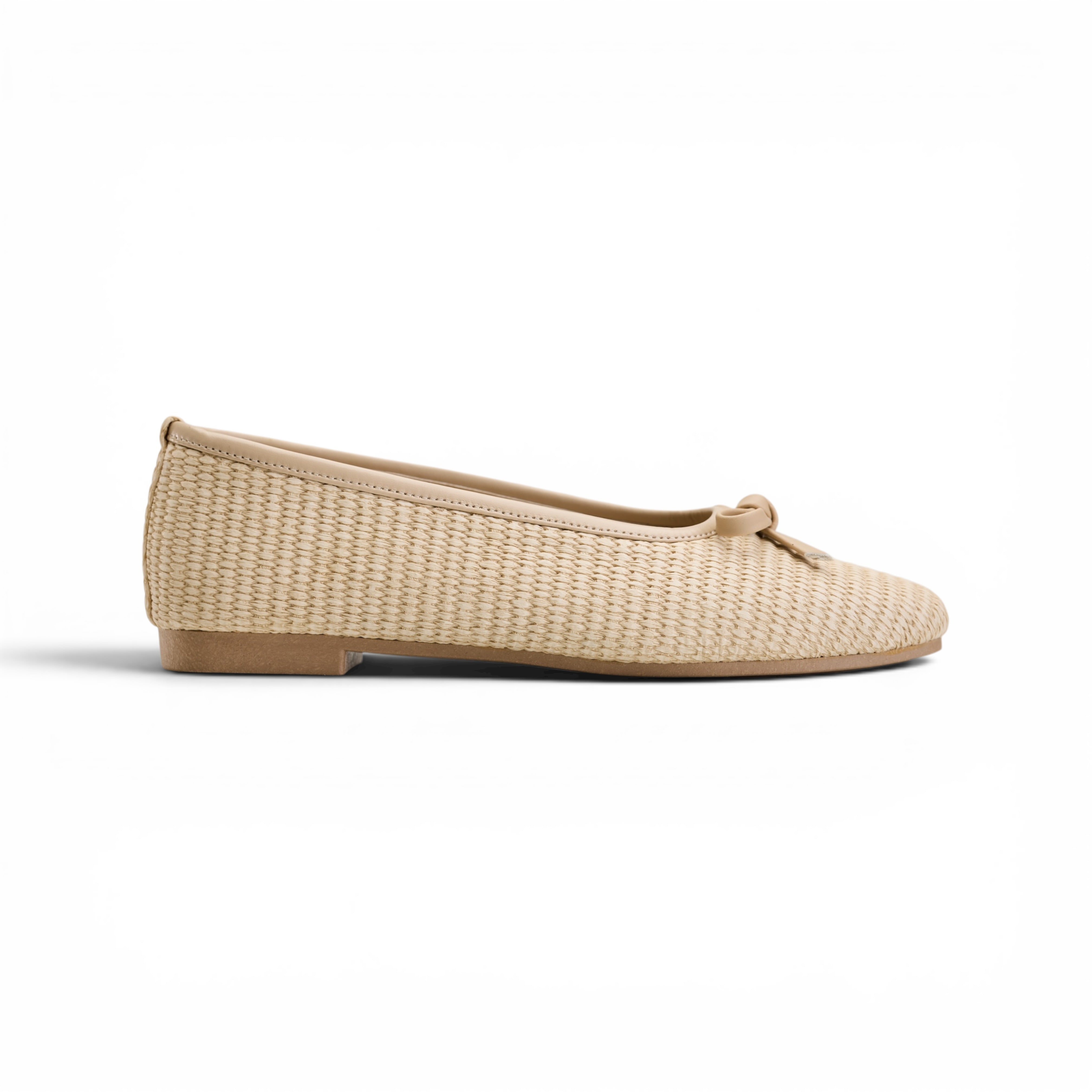 Women Beige Texture Bow Flat Ballet
