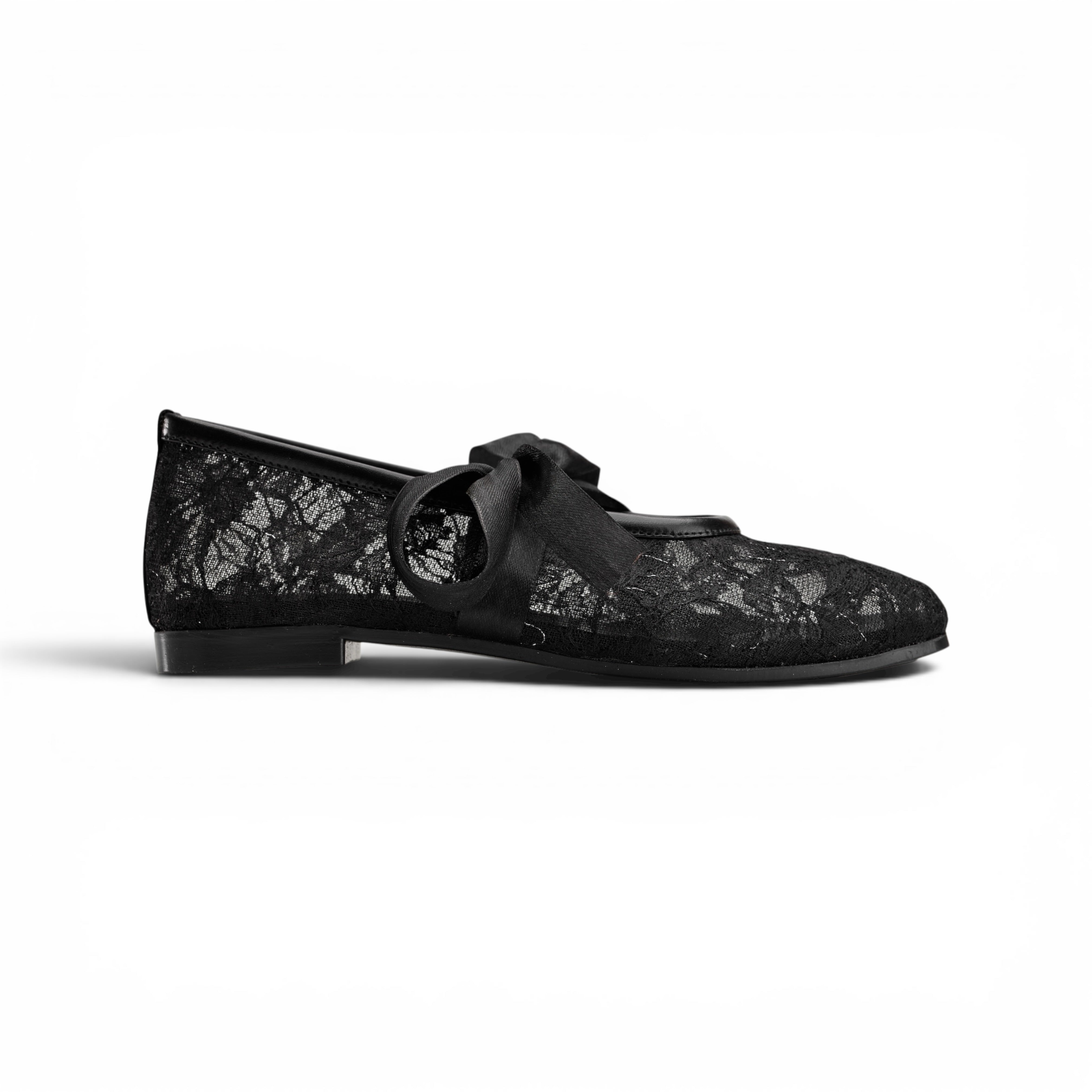 Women Black Floral Lace Bow Ballerina