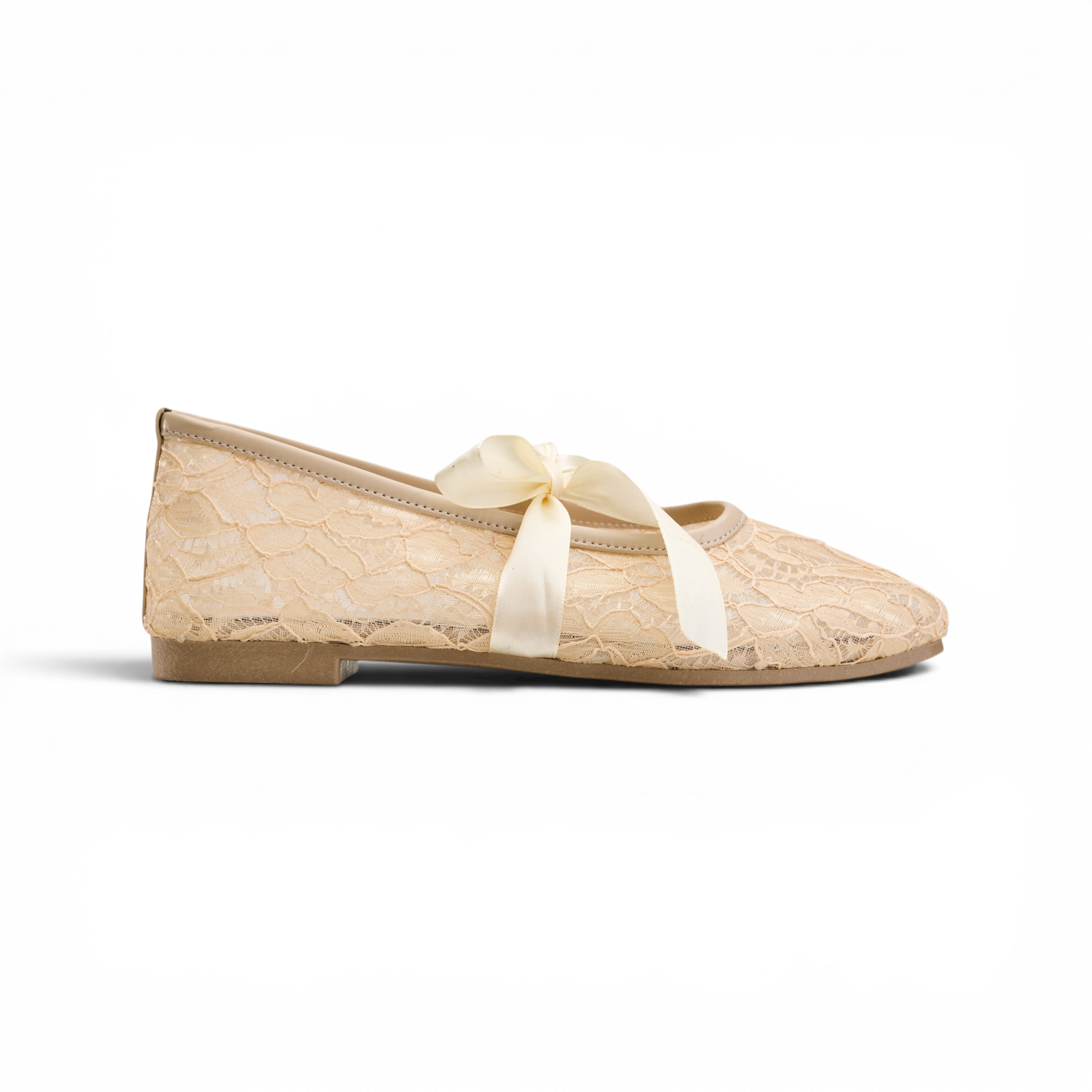 Women beige  Floral Lace Bow Ballerina