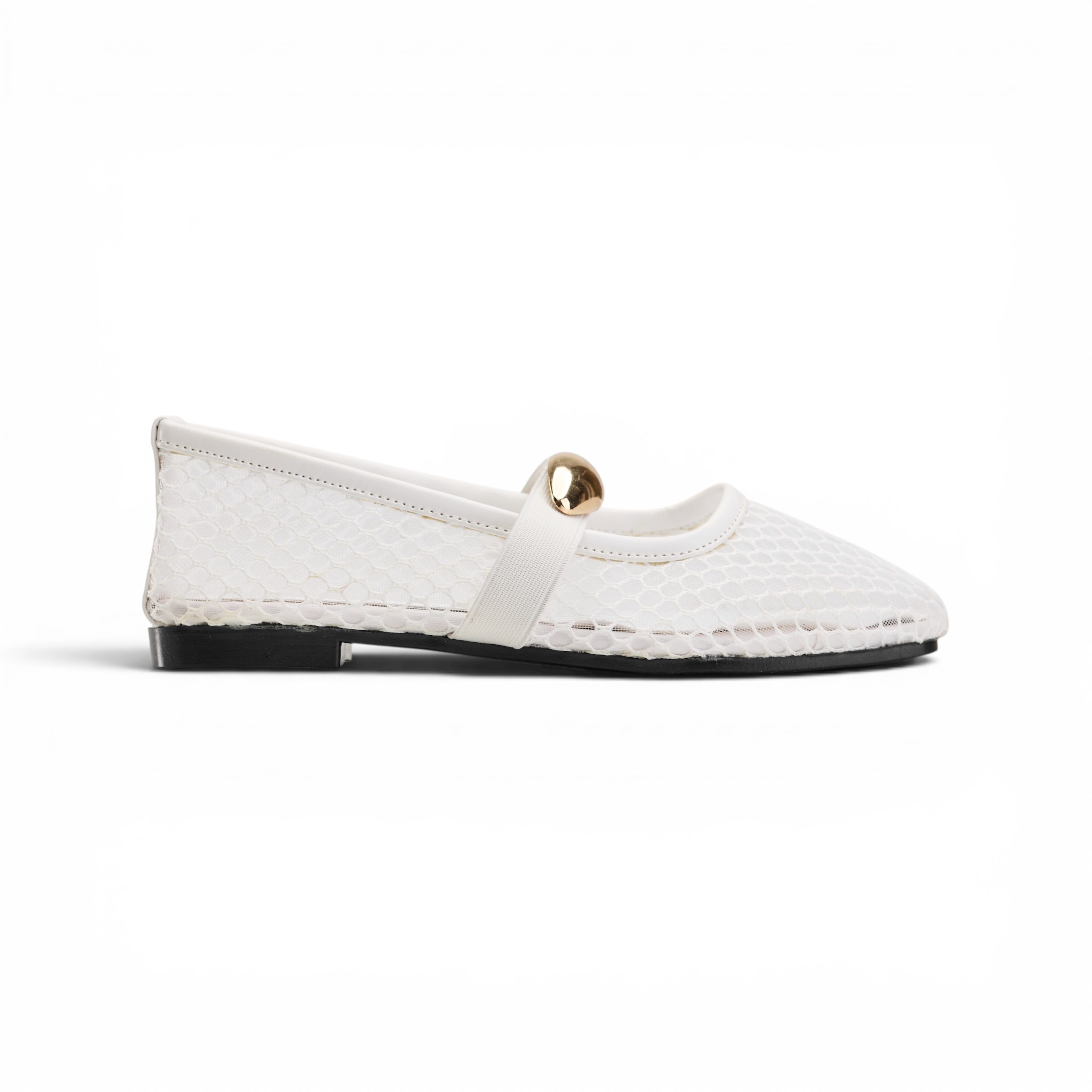 Women White Mesh Buckle Ballerina