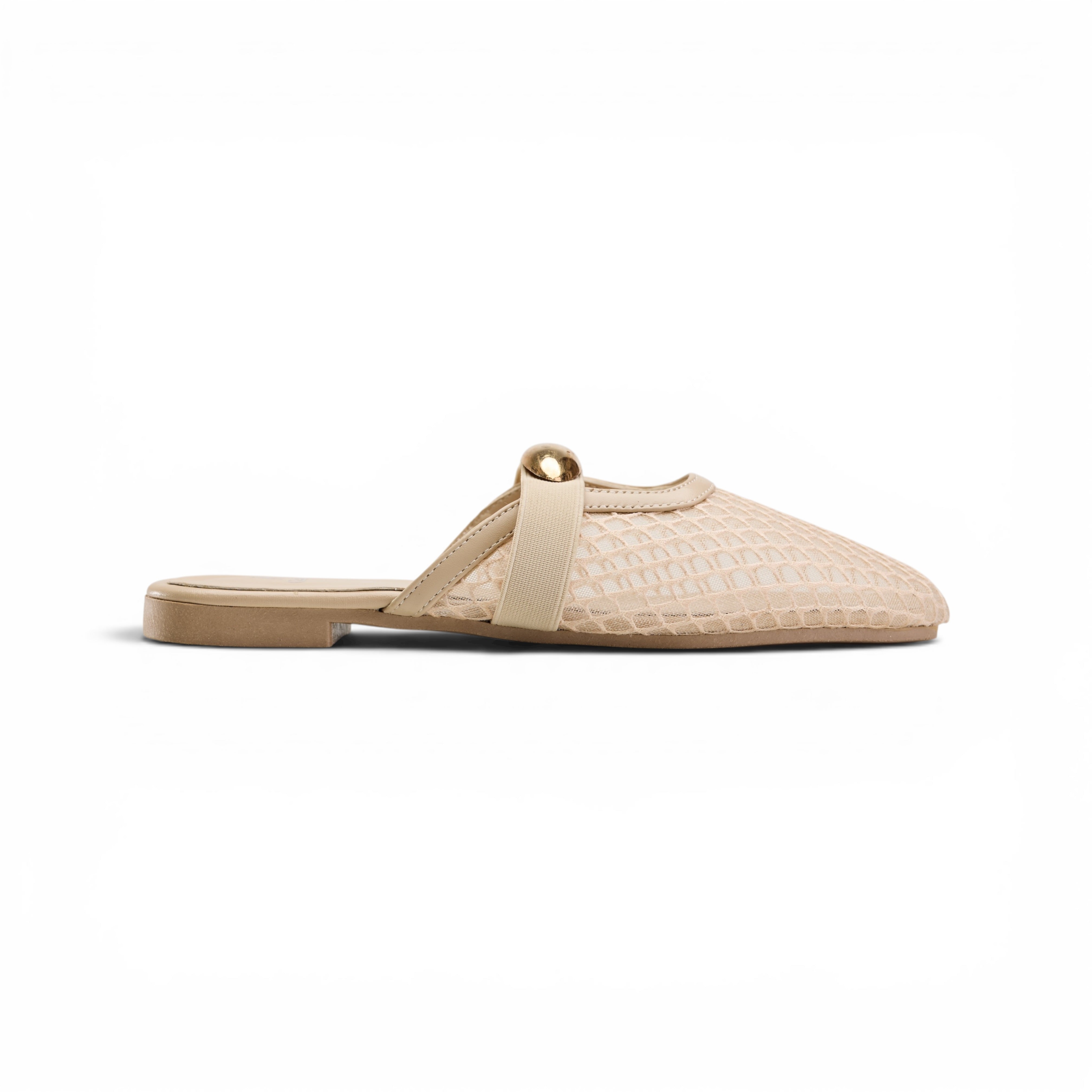 Women Beige Mesh Buckle Mule