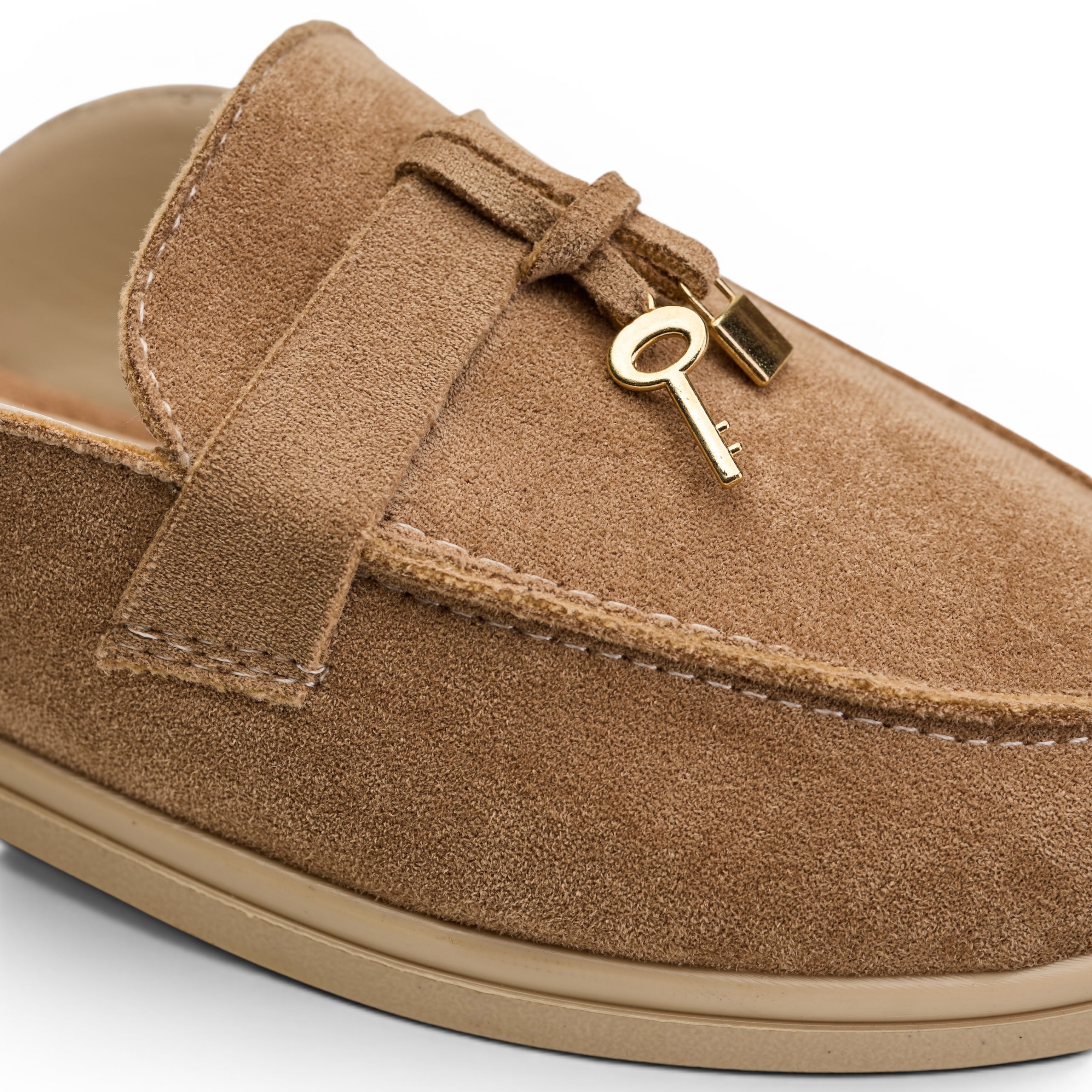 Beige Suede Key Charm Mule Loafers