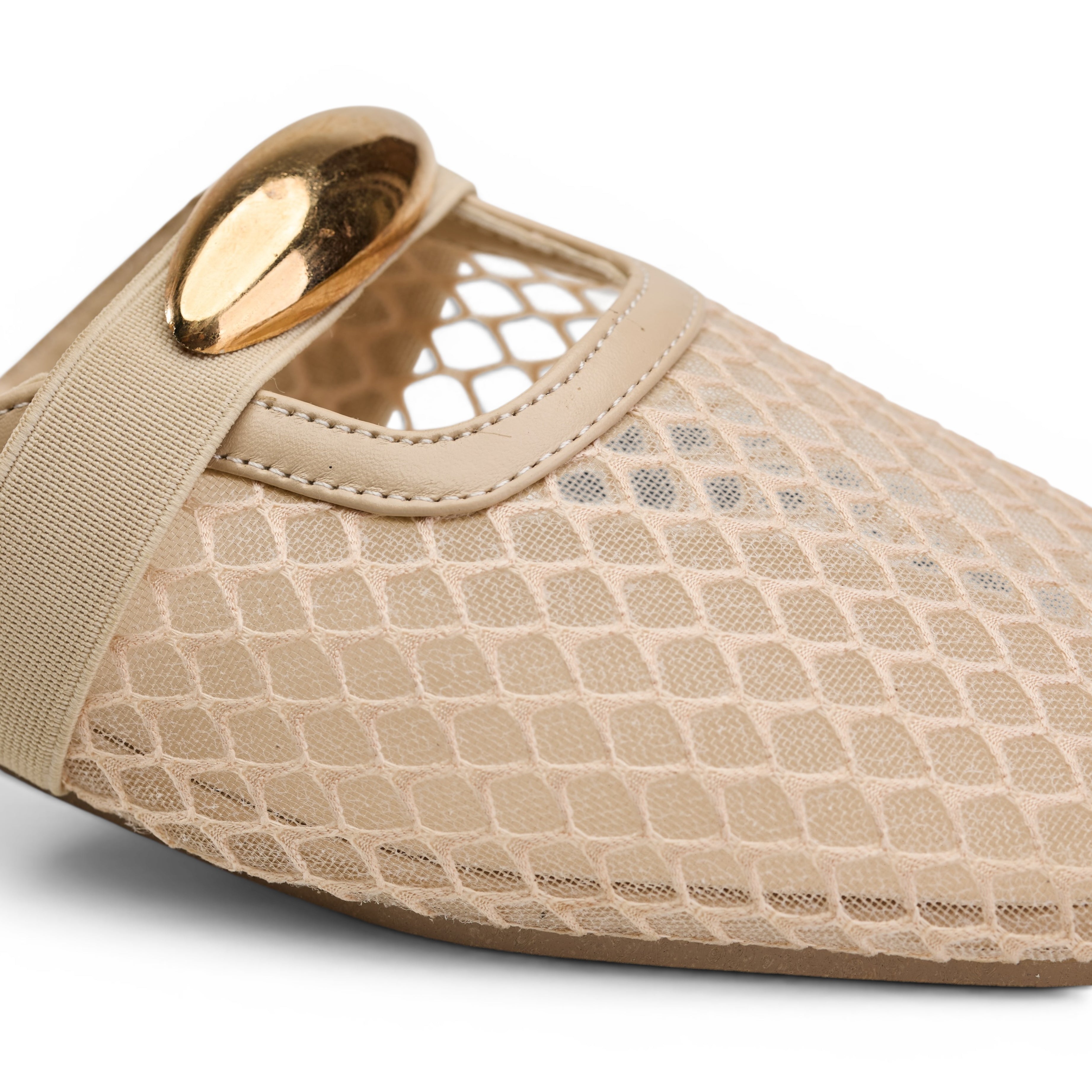 Women Beige Mesh Buckle Mule