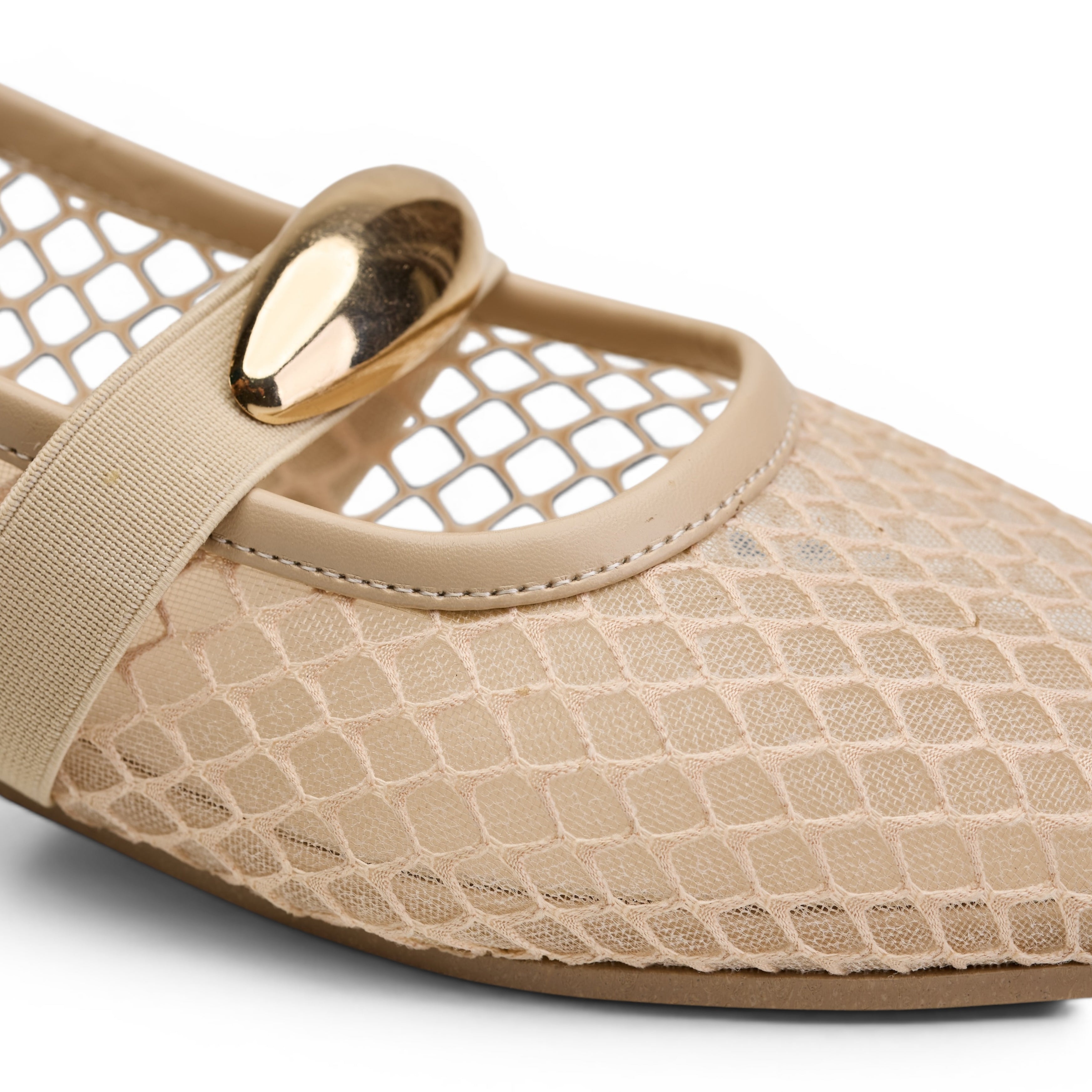 Beige Mesh Buckle Ballerina
